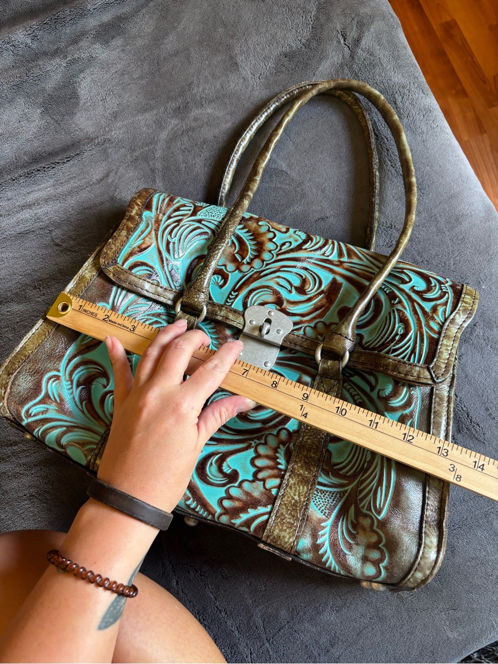 Patricia Nash Italian Leather Vienna Satchel, Tooled Turquoise, Like New Purse - Picture 15 of 16